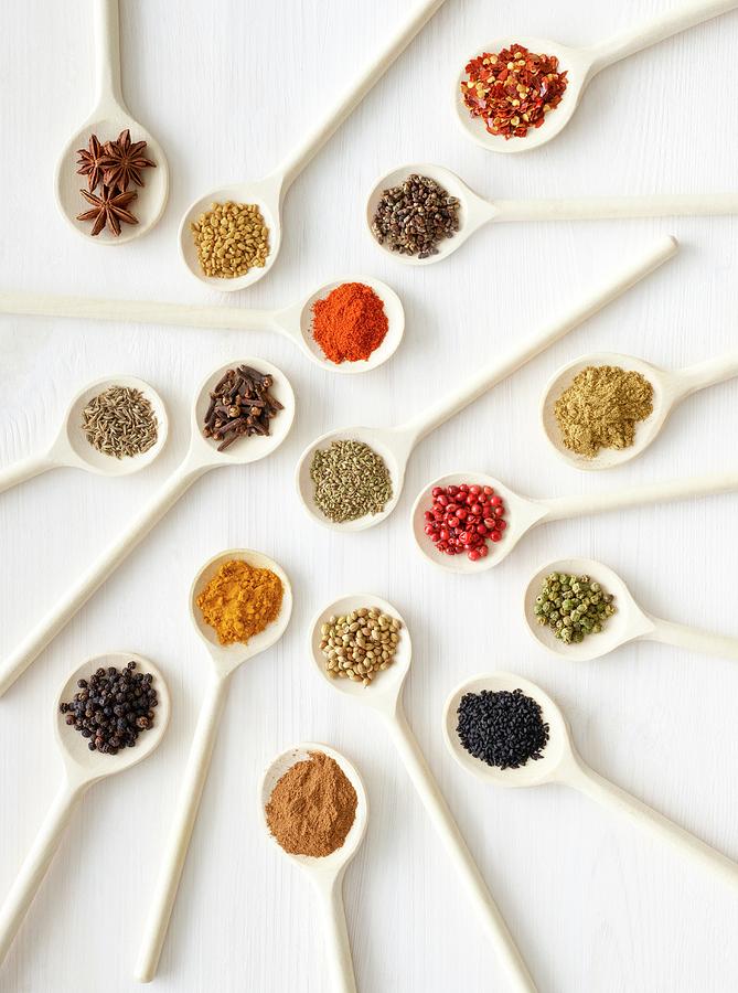 Dried Spices On White Spoons #2 Photograph by Science Photo Library