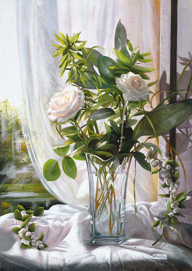 Due Rose Bianche #2 Painting by Danka Weitzen