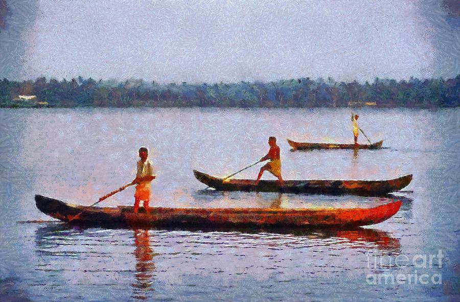 Early morning fishing in India #2 Painting by George Atsametakis