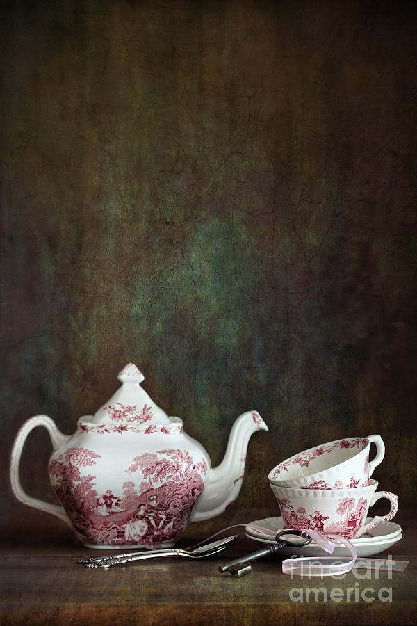 English tea cups and tea pot on shelf  #2 Photograph by Sandra Cunningham