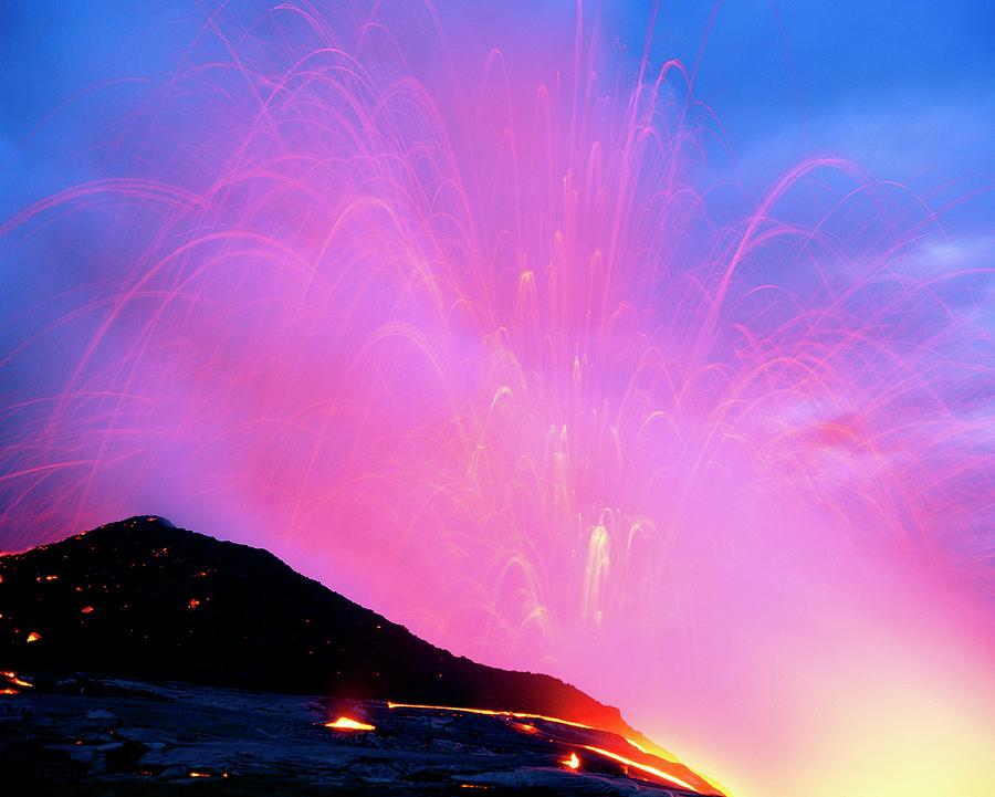 Explosion As A Lava Flow Reaches The Coast #2 Photograph by Simon Fraser/science Photo Library