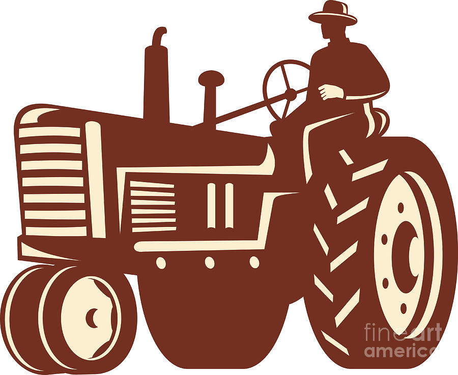 Farmer Driving Vintage Tractor Retro Digital Art