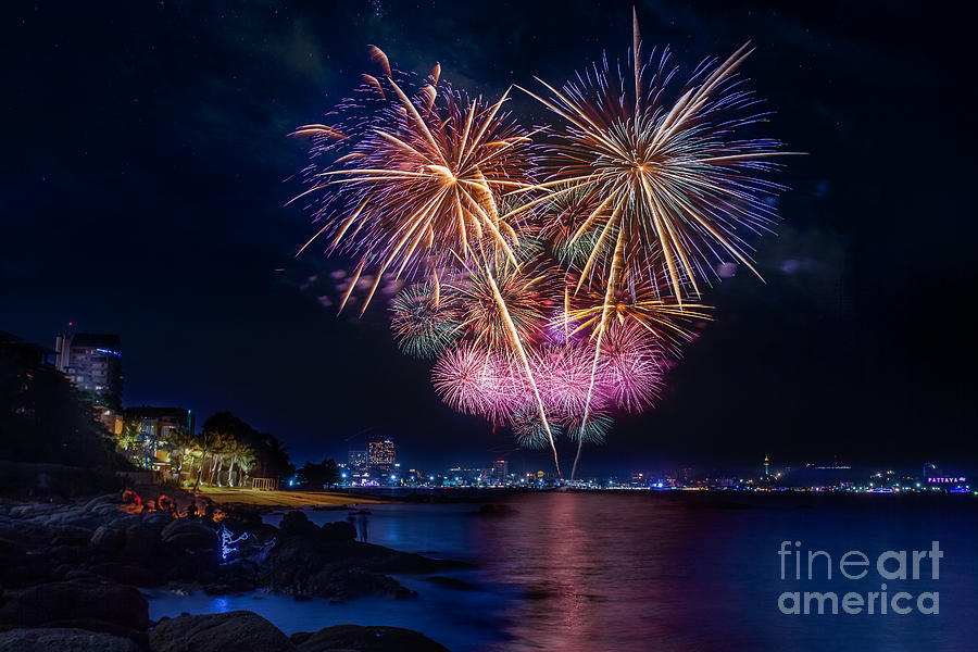 Christmas Photograph - Fireworks at Pattaya beach #2 by Anek Suwannaphoom