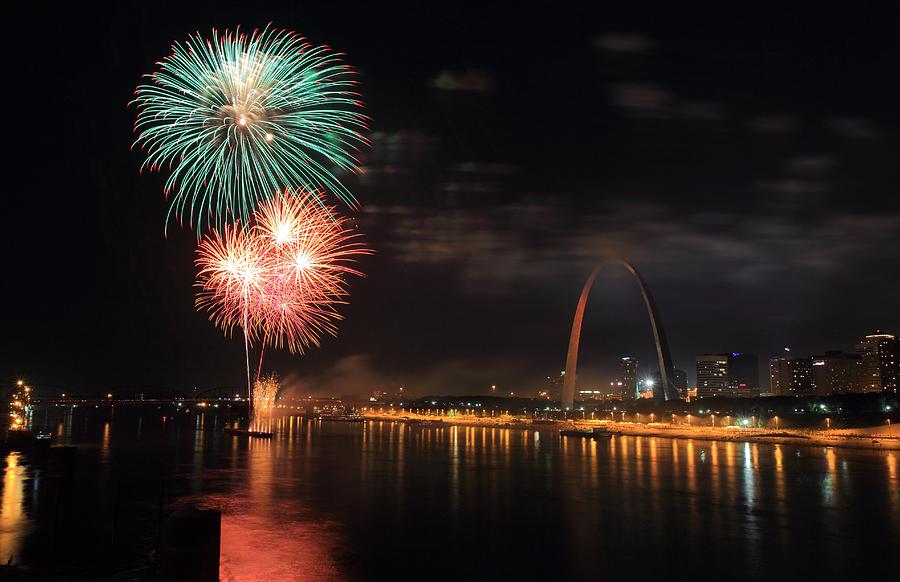 Fireworks from Eads Bridge in Saint Louis #2 Photograph by Scott Rackers