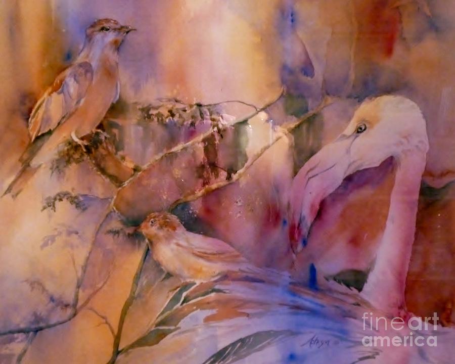 Flamingo and other birds #2 Painting by Donna Acheson-Juillet