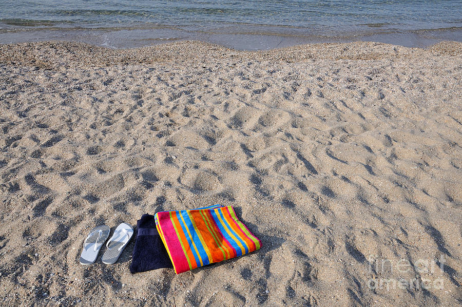 Summer Photograph - Flip flops and towels on beach #6 by George Atsametakis