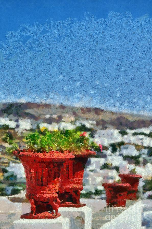 Flowerpots in Sifnos island #6 Painting by George Atsametakis
