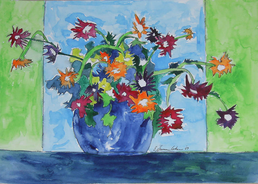 Flowers in Green and Blue #2 Painting by Esther Newman-Cohen