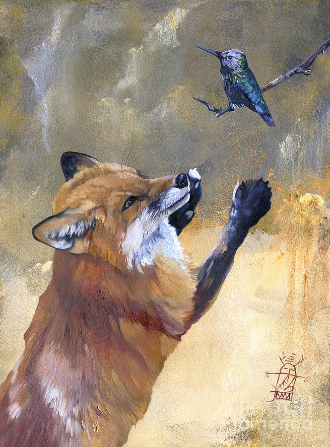 Hummingbird Painting - Fox dances for Hummingbird by J W Baker