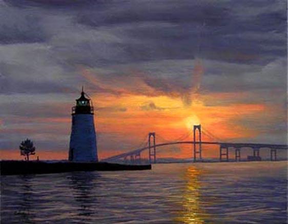 Sunset Painting - Goat Island Lighthouse Newport Rhode Island #2 by Christine Hopkins