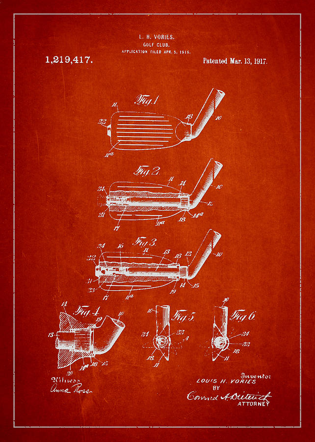 Golf Club Patent Drawing From 1917 Digital Art