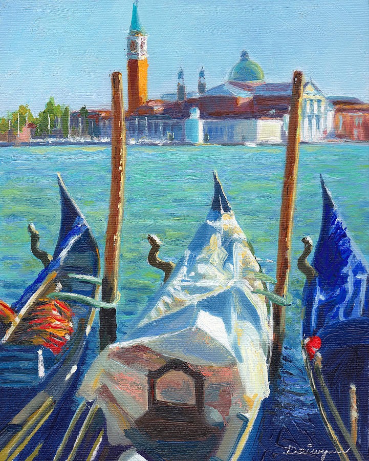 Gondolas and San Giorgio Maggiore Venice #2 Painting by Dai Wynn