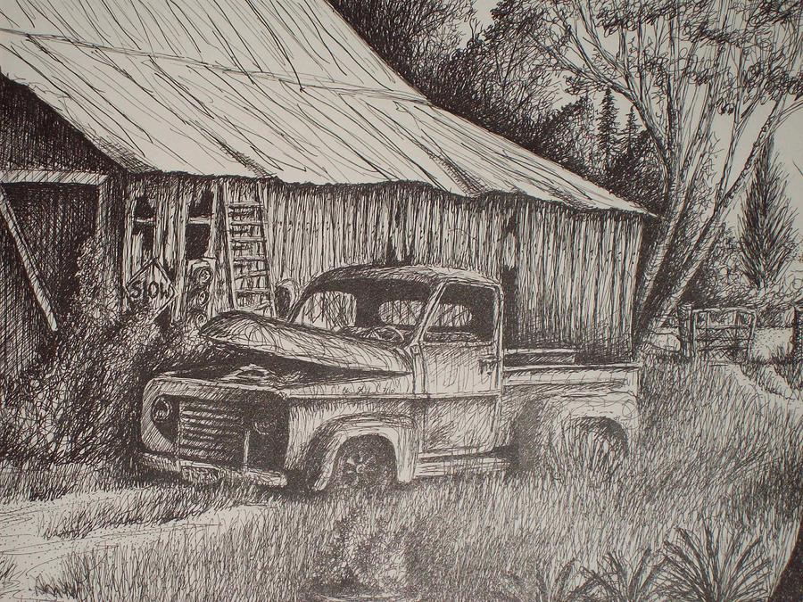 Grandpa's Old Barn With Chevy Truck Drawing by Chris Shepherd