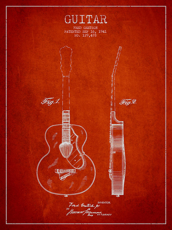 Music Digital Art - Gretsch guitar patent Drawing from 1941 - Red by Aged Pixel