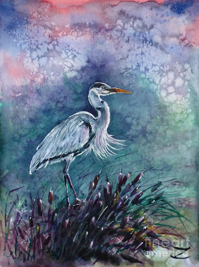 Heron Painting - Grey Heron in the Reeds by Zaira Dzhaubaeva
