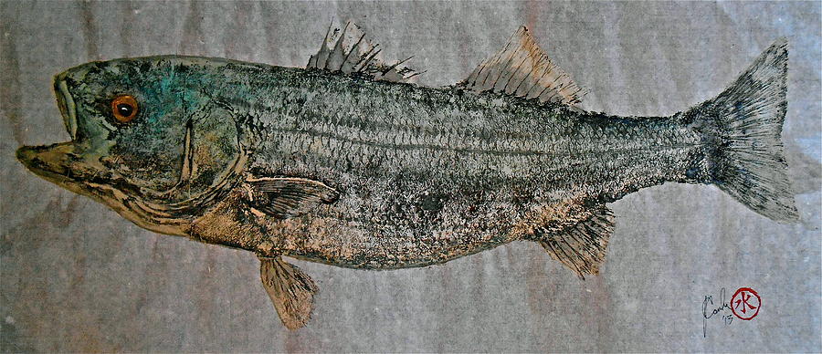 Gyotaku - Striped Bass - Rock Fish - Striper #1 Mixed Media by Jeffrey Canha