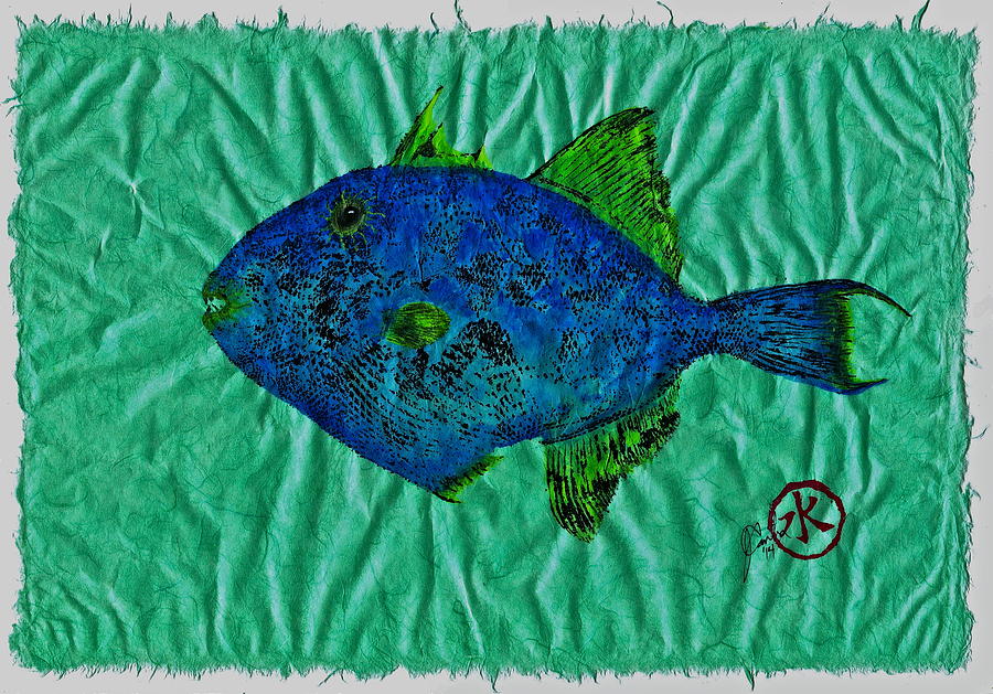 Gyotaku - Triggerfish - Queen Triggerfish #2 Mixed Media by Jeffrey Canha