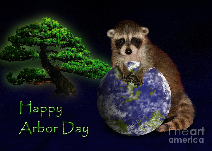 Nature Digital Art - Happy Arbor Day Raccoon #2 by Jeanette K
