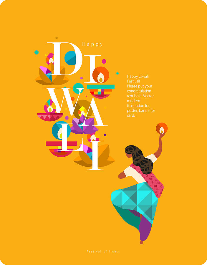 Happy Diwali. Indian festival of lights. Vector abstract flat illustration for the holiday, lights, elephant, Indian woman and other objects for background or poster. Drawing by ArdeaA