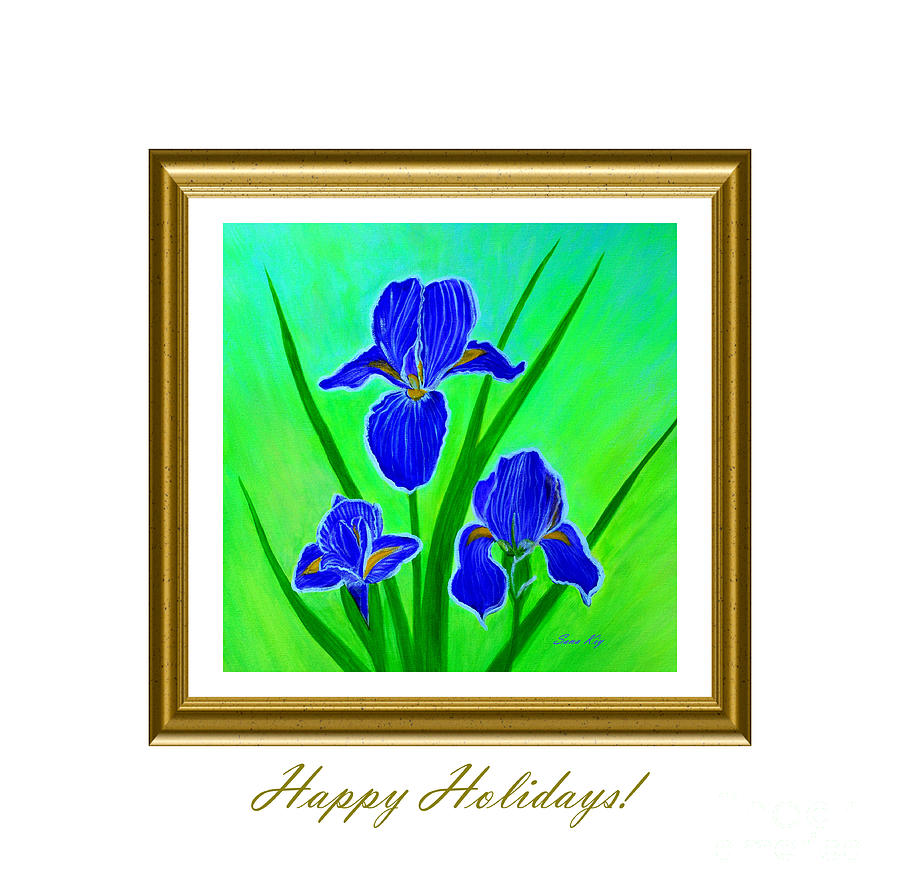 Happy Holidays Card. Painting. Iris Flowers. White Green  Purple Digital Art by Oksana Semenchenko
