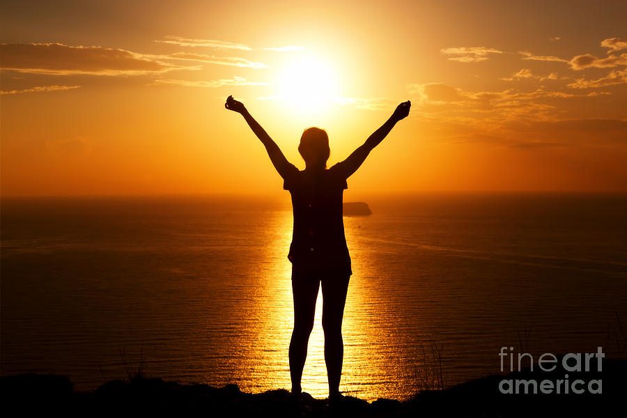 Happy woman on the rock with hands up #2 Photograph by Michal Bednarek