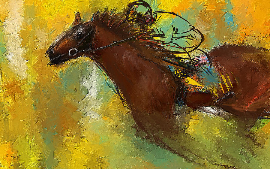 Horse Racing Abstract Painting by Lourry Legarde