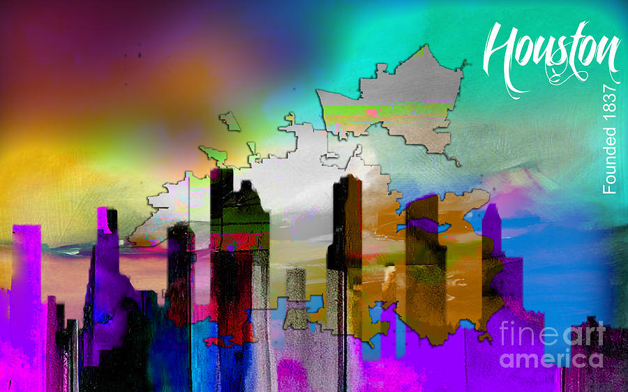 Houston Skyline Mixed Media - Houston Texas Map and Skyline Watercolor #2 by Marvin Blaine