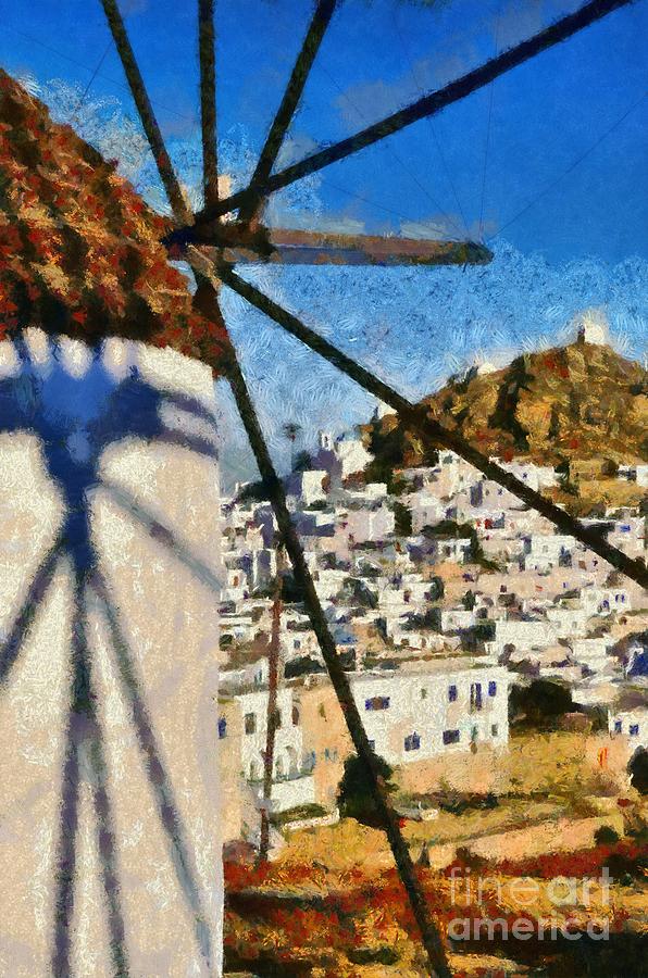 Ios town and windmill #6 Painting by George Atsametakis