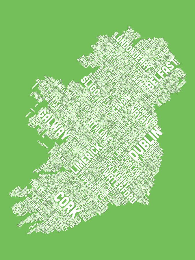 Typography Digital Art - Ireland Eire City Text map #2 by Michael Tompsett