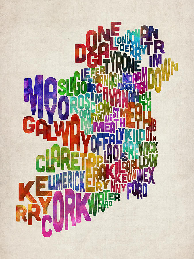 Typography Digital Art - Ireland Eire County Text Map #2 by Michael Tompsett
