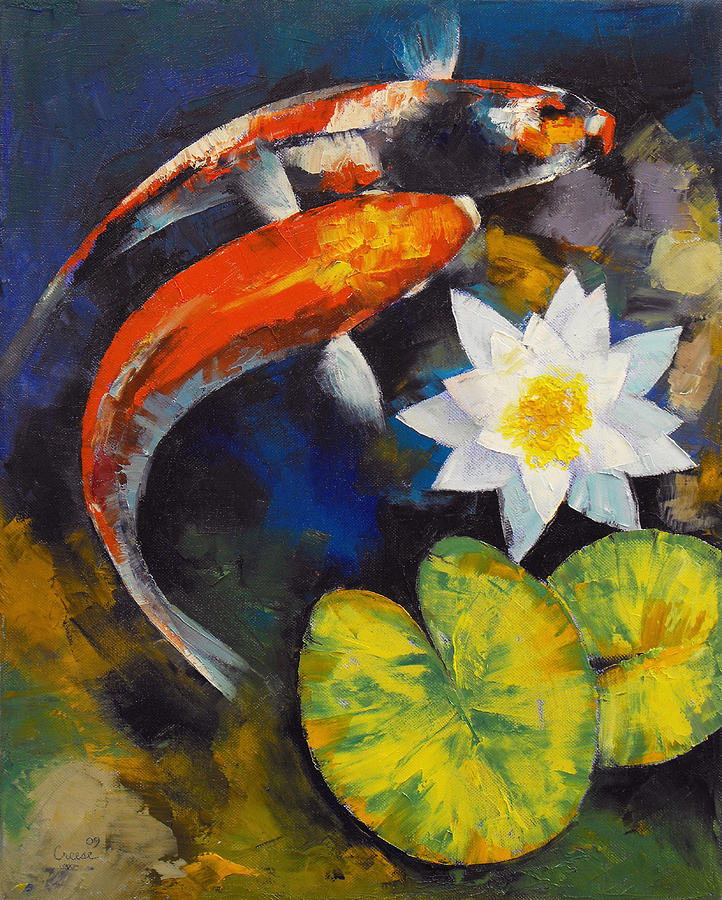 Flower Painting - Koi Fish and Water Lily #2 by Michael Creese
