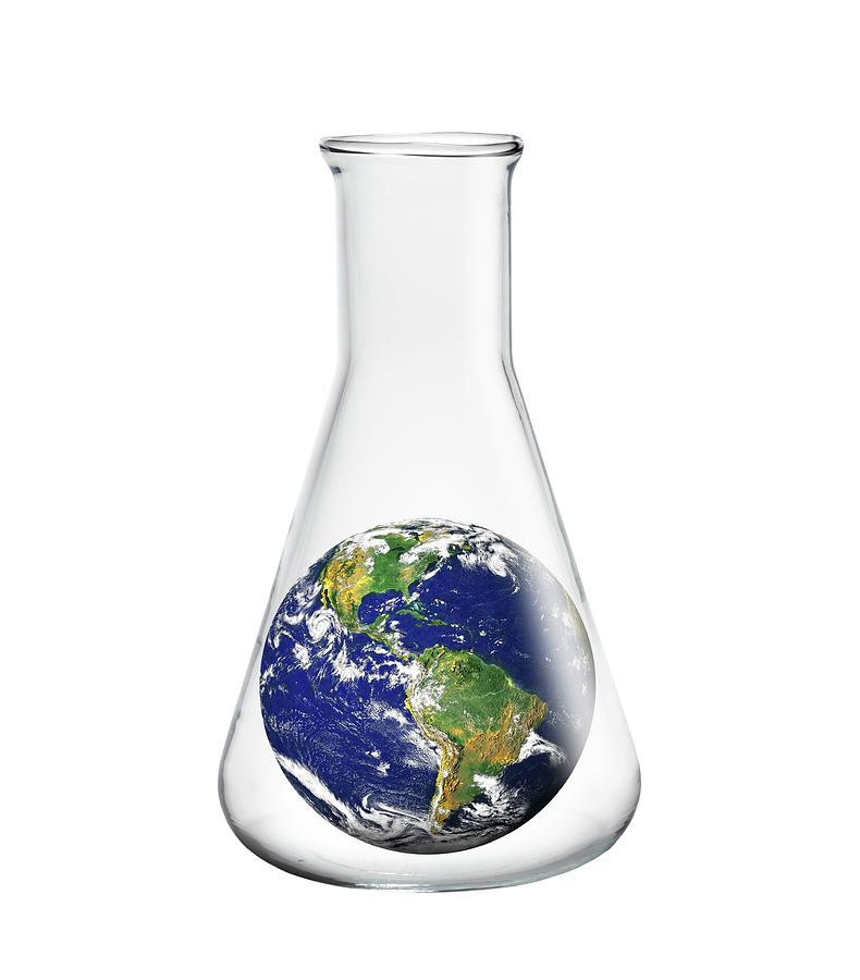 Globe Photograph - Laboratory Flask With Planet Earth #2 by Victor De Schwanberg/science Photo Library