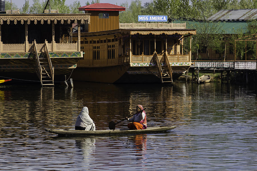 Tree Photograph - 2 ladies in a small boat in the Dal Lake in Srinagar - in front  by Ashish Agarwal