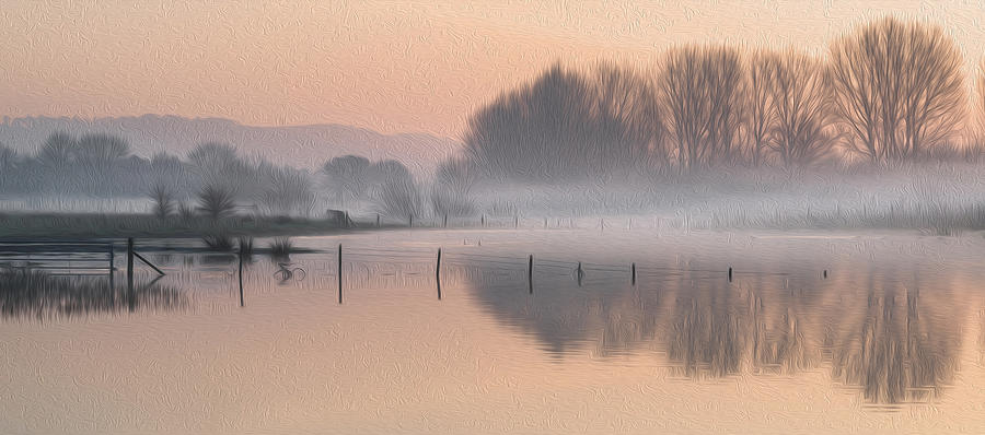 Spring Photograph - Landscape of lake in mist with sun glow at sunrise digital painting #2 by Matthew Gibson