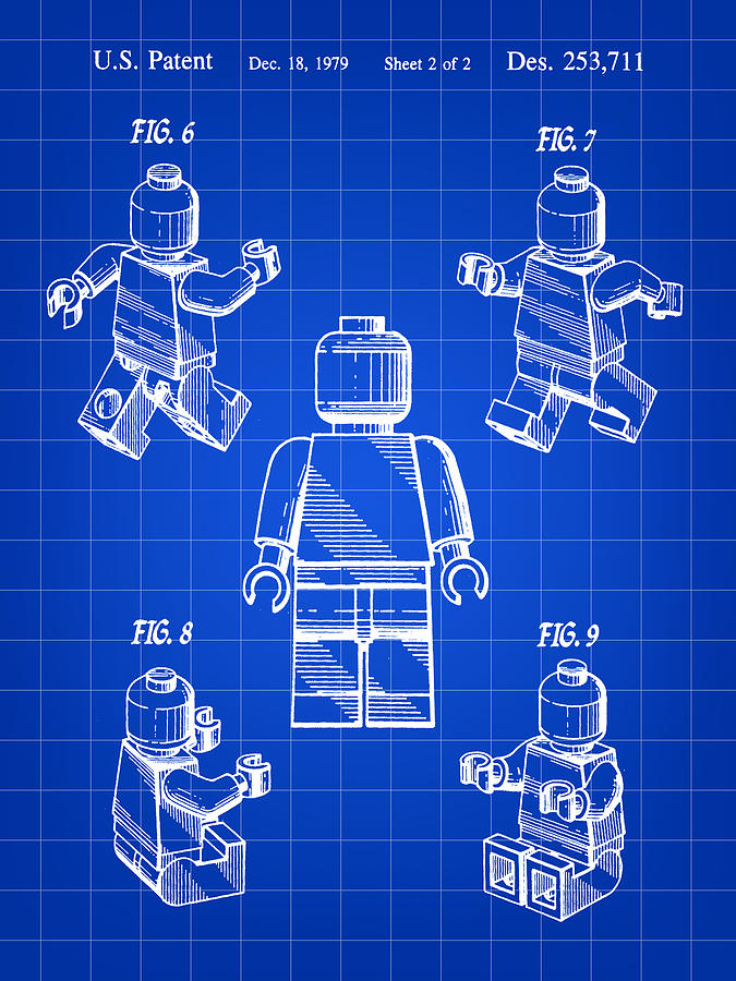 Toy Digital Art - Lego Figure Patent 1979 - Blue by Stephen Younts