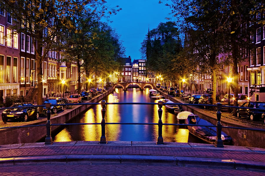 Architecture Photograph - Leidsegracht Canal at Night / Amsterdam #2 by Barry O Carroll