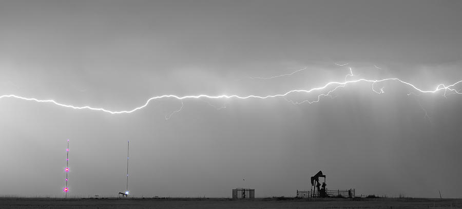 Landscape Photograph - Long Lightning Bolt Strike Across Oil Well Country Sky #2 by James BO Insogna