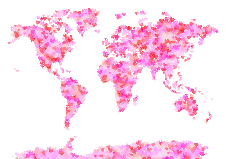 Abstract Digital Art - Love Hearts Map of the World Map #2 by Michael Tompsett