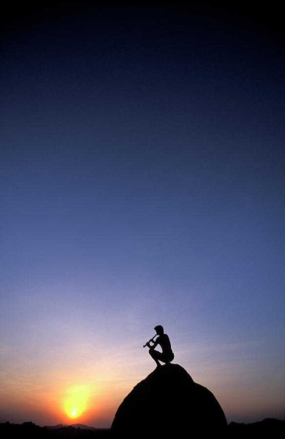 Music Photograph - Man Playing Flute At Sunset On Top #2 by Corey Rich
