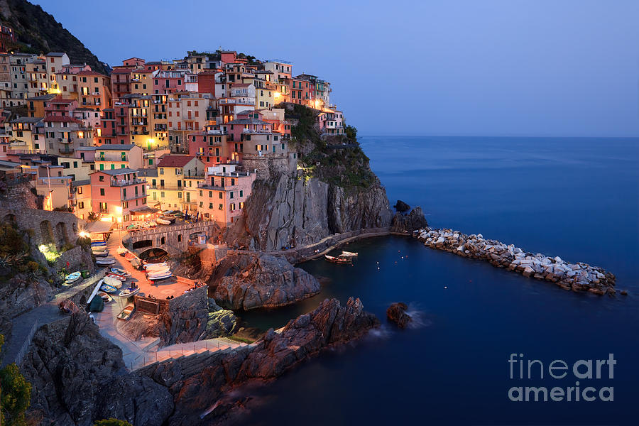 Manarola at night in the Cinque Terre Italy #1 Photograph by Matteo Colombo
