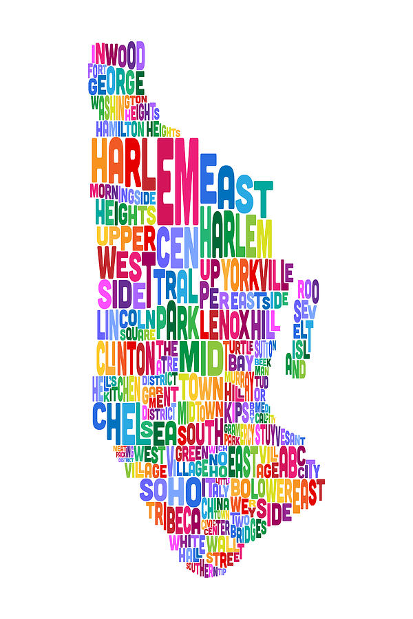 Manhattan New York Typography Text Map #2 Digital Art by Michael Tompsett