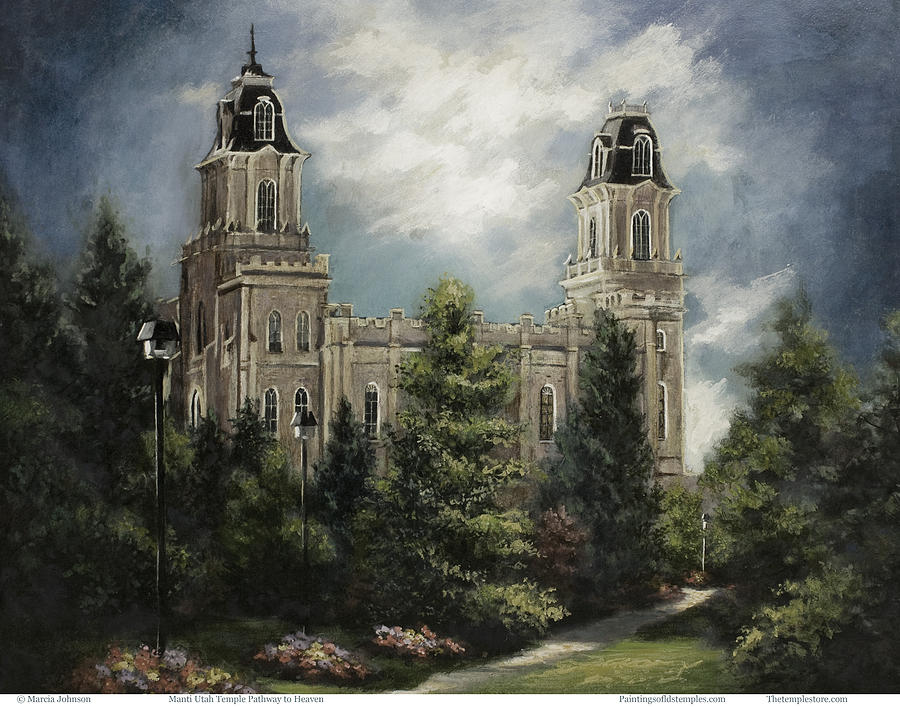 Landscape Painting - Manti Utah Temple-Pathway to Heaven Pastel #2 by Marcia Johnson