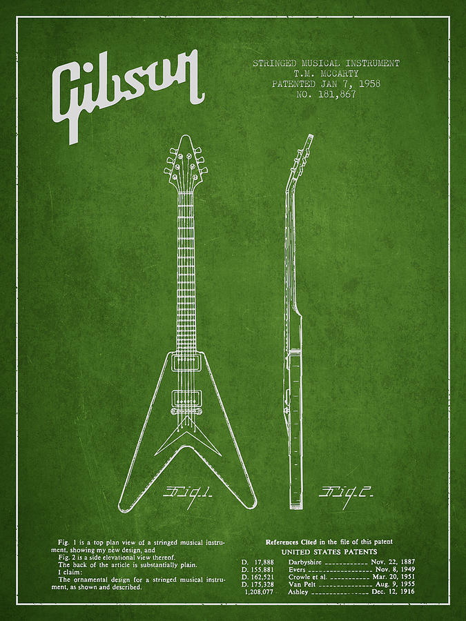 Bass Digital Art - Mccarty Gibson Electric guitar patent Drawing from 1958 - Green by Aged Pixel