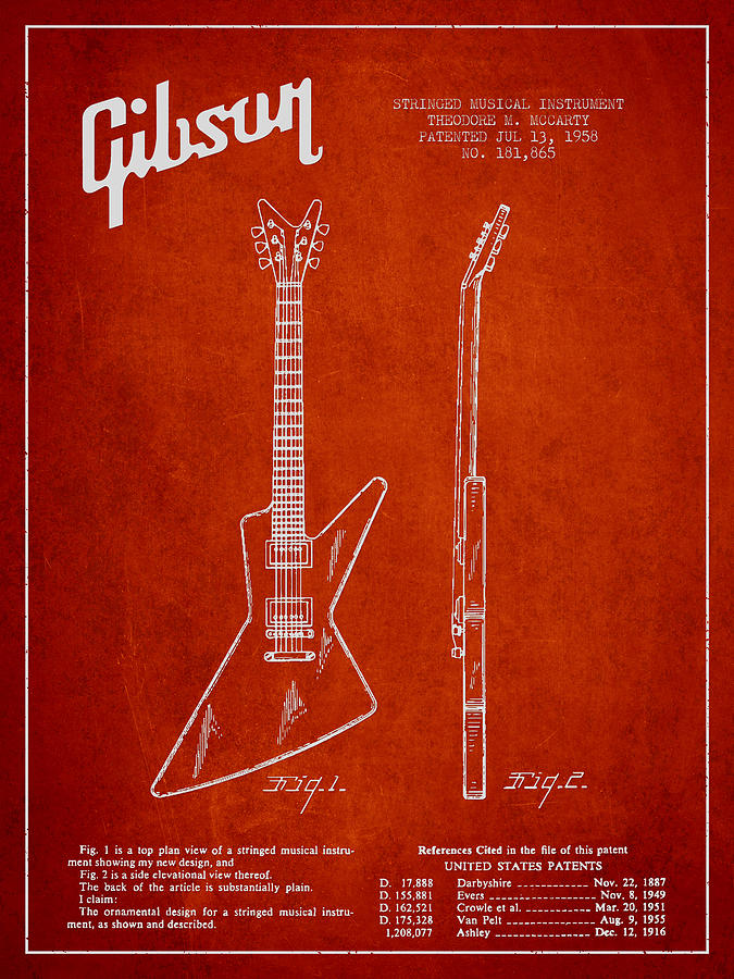 Bass Digital Art - McCarty Gibson electrical guitar patent Drawing from 1958 - Red by Aged Pixel