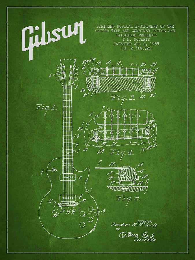 Bass Digital Art - Mccarty Gibson Les Paul guitar patent Drawing from 1955 - Green by Aged Pixel