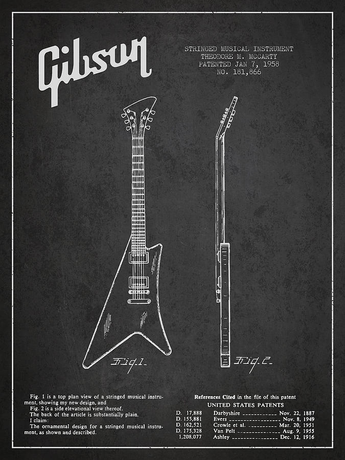 Bass Digital Art - McCarty Gibson stringed instrument patent Drawing from 1958 - Dark by Aged Pixel