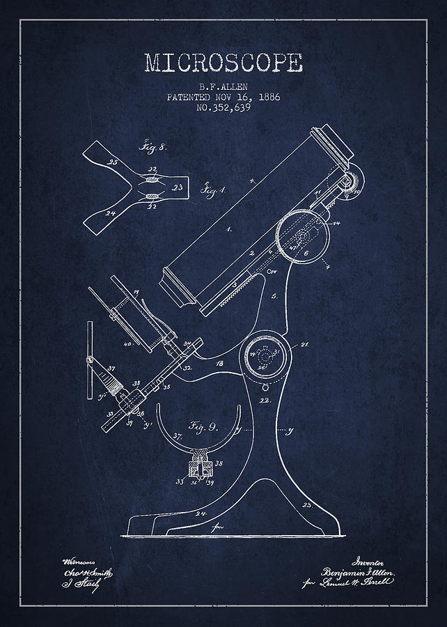 Vintage Digital Art - Microscope Patent Drawing From 1886 - Navy Blue by Aged Pixel