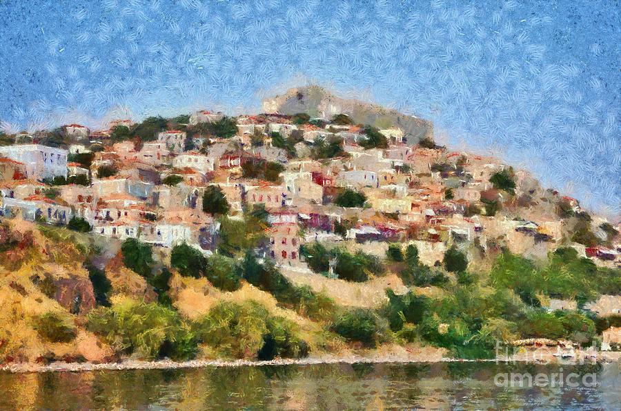Molyvos town in Lesvos island #8 Painting by George Atsametakis