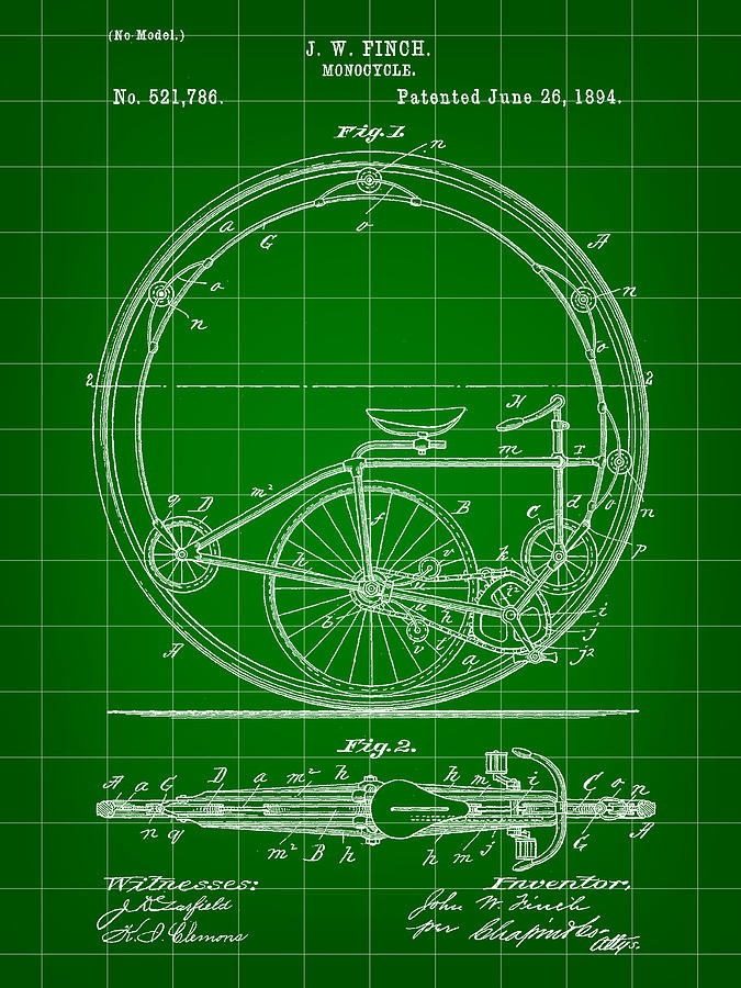 Transportation Digital Art - Monocycle Patent 1894 - Green by Stephen Younts