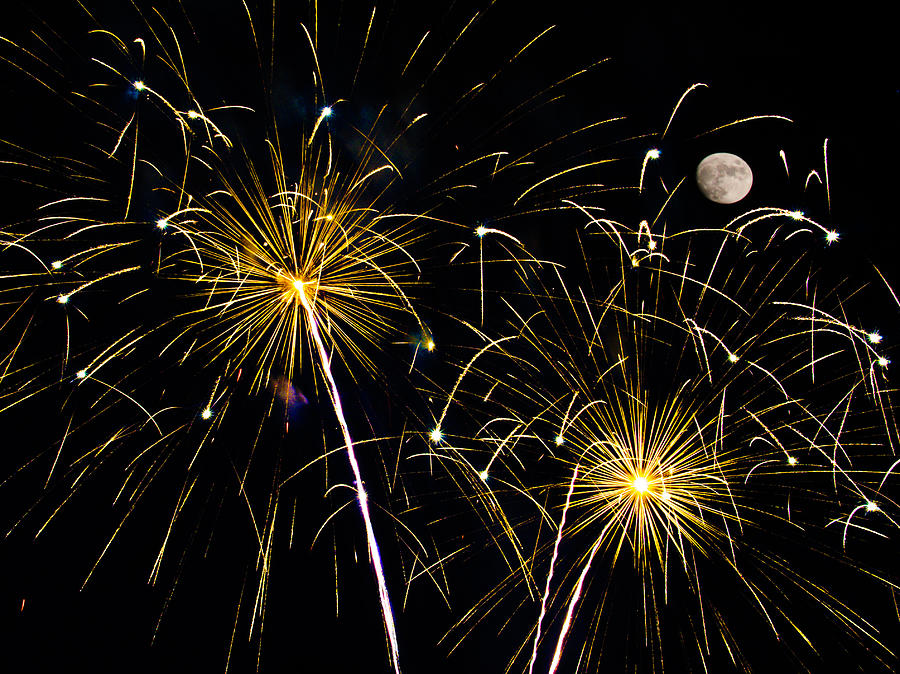 Moon over Golden Starburst- July Fourth - Fireworks #1 Photograph by Penny Lisowski